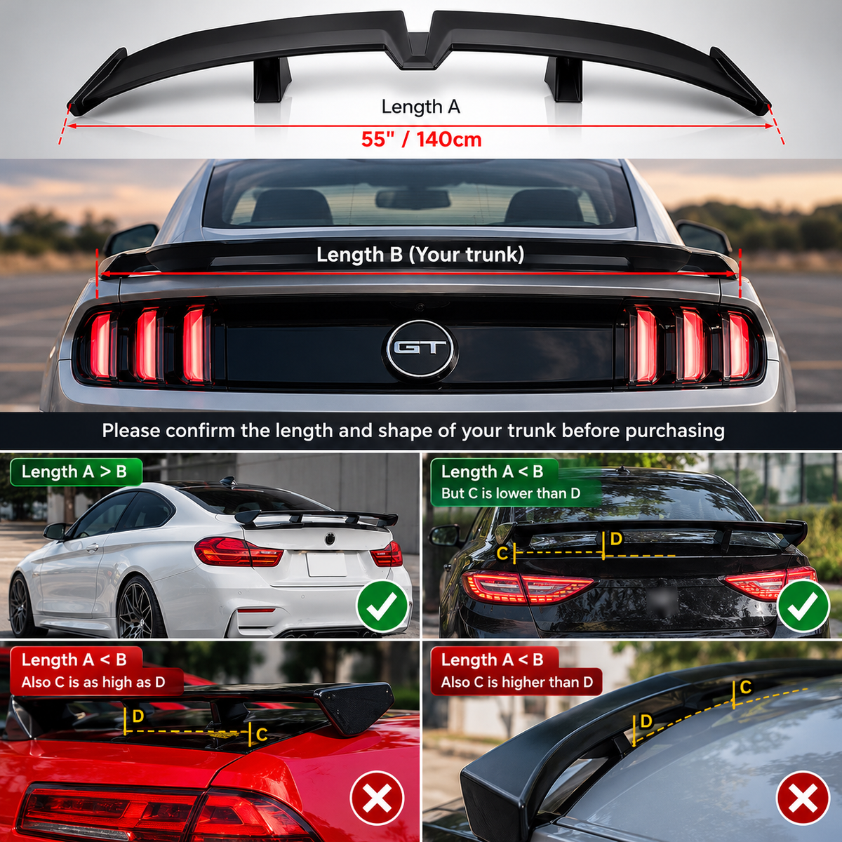 Universal 55 Inch PRO Style Rear Trunk Wing Spoiler Gloss Black