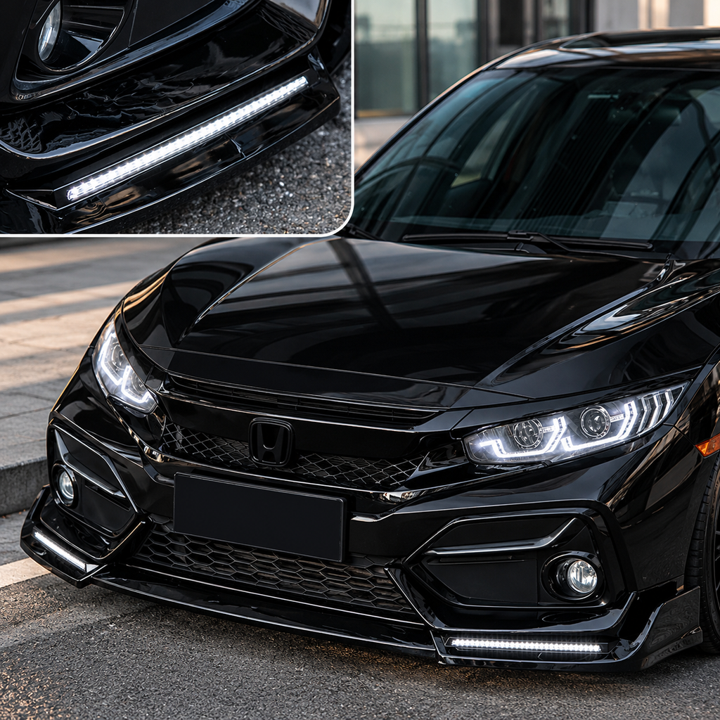 Honda Civic 10th Gen Front Bumper Lip Splitter with LED Gloss Black 2017–2021