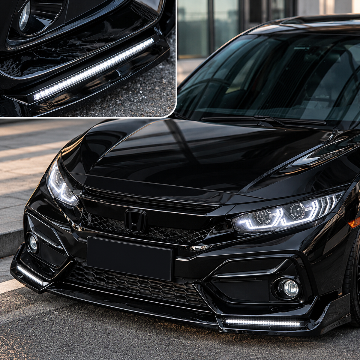 Honda Civic 10th Gen Front Bumper Lip Splitter with LED Gloss Black 2017–2021